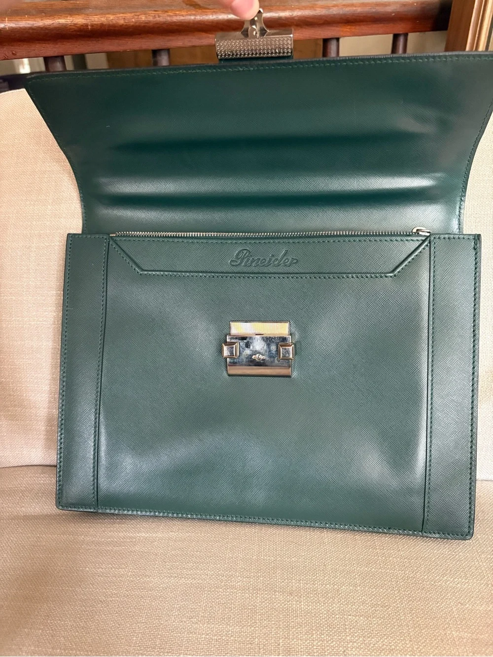 Men's Green Leather Laptop Briefcase with Top Handle